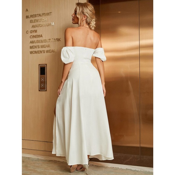 cottagecore Puff Sleeve Tie Front Off Shoulder Slit Thigh maxi Dress black - Picture 4 of 11